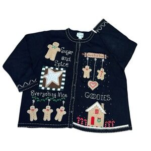 The‎ Quaker Factory Womens Cardigan Sweater 3X Beaded Gingerbread Man Wool Blend